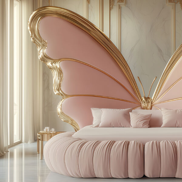 Neoclassical Circular Bed featuring Butterfly Design – Hand Carved Custom Bedroom Furniture