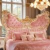 Exquisite Pink Butterfly Wing Bed – Hand-Carved Gilded Rococo Masterpiece
