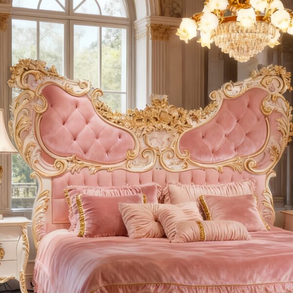 Exquisite Pink Butterfly Wing Bed – Hand-Carved Gilded Rococo Masterpiece