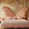 Royal Butterfly Wing Bed – Luxury Hand-Carved Gilded Masterpiece in Soft Pink