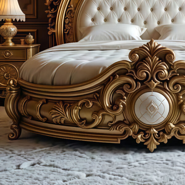Royal Gilded Baroque Bed with Deep Tufted Headboard and Circular Footboard Contour – Hand Carved Custom Bedroom Furniture