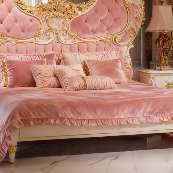 Exquisite Pink Butterfly Wing Bed – Hand-Carved Gilded Rococo Masterpiece