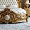 Royal Gilded Baroque Bed with Deep Tufted Headboard and Circular Footboard Contour – Hand Carved Custom Bedroom Furniture