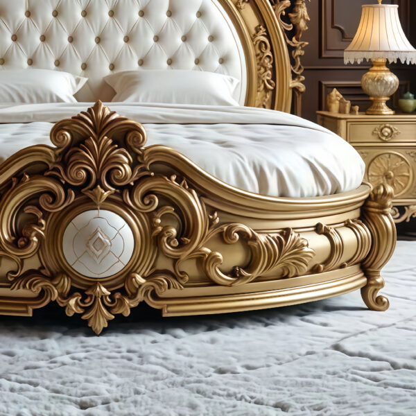 Royal Gilded Baroque Bed with Deep Tufted Headboard and Circular Footboard Contour – Hand Carved Custom Bedroom Furniture