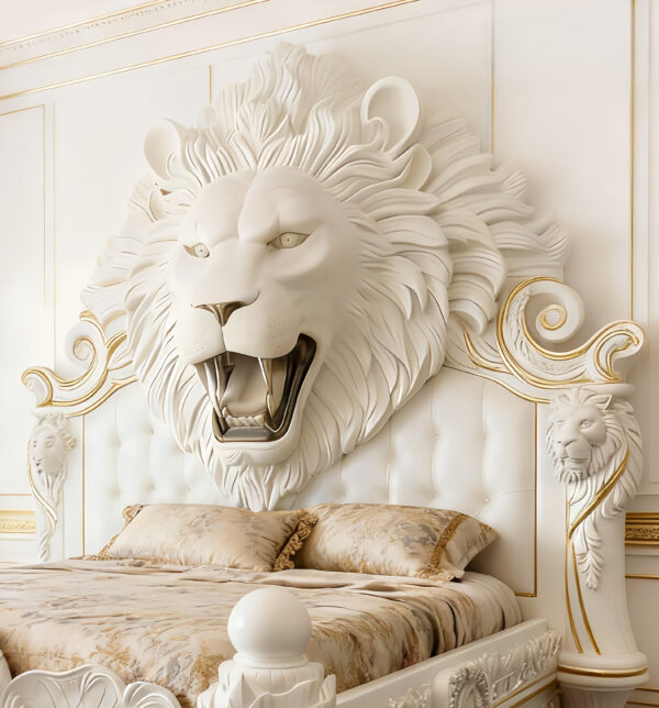 Majestic Lion Head Carved Bed - Hand-Crafted Gilded Luxury Masterpiece