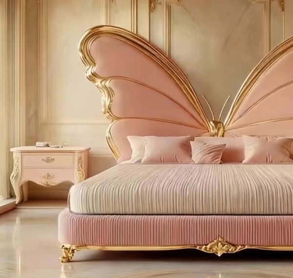 Royal Butterfly Wing Bed – Luxury Hand-Carved Gilded Masterpiece in Soft Pink