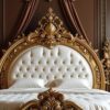 Royal Gilded Baroque Bed with Deep Tufted Headboard and Circular Footboard Contour – Hand Carved Custom Bedroom Furniture