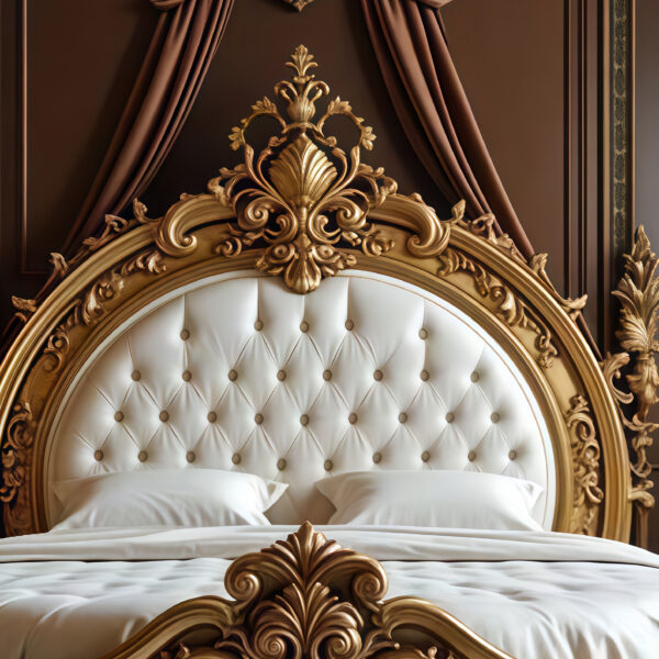 Royal Gilded Baroque Bed with Deep Tufted Headboard and Circular Footboard Contour – Hand Carved Custom Bedroom Furniture