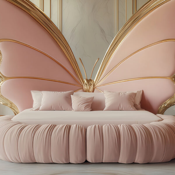Neoclassical Circular Bed featuring Butterfly Design – Hand Carved Custom Bedroom Furniture