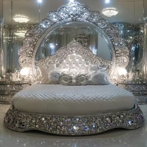 This Crystal Encrusted  Bed carved solid wood bed – Hand Carved Custom Bedroom Furniture
