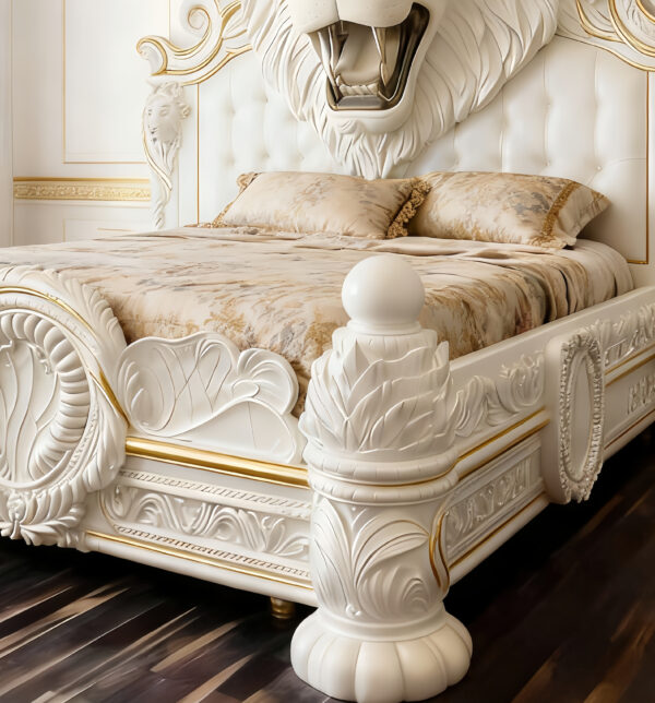 Majestic Lion Head Carved Bed - Hand-Crafted Gilded Luxury Masterpiece