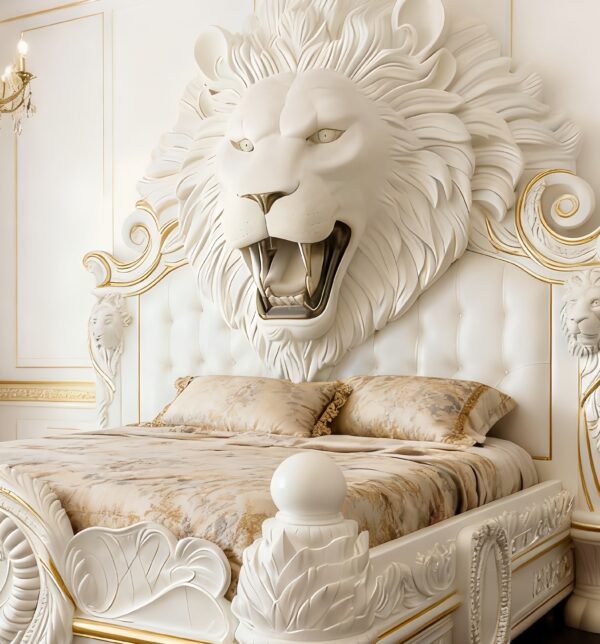 Majestic Lion Head Carved Bed - Hand-Crafted Gilded Luxury Masterpiece