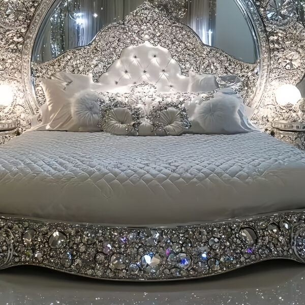 This Crystal Encrusted  Bed carved solid wood bed – Hand Carved Custom Bedroom Furniture