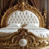 Royal Gilded Baroque Bed with Deep Tufted Headboard and Circular Footboard Contour – Hand Carved Custom Bedroom Furniture