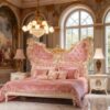 Exquisite Pink Butterfly Wing Bed – Hand-Carved Gilded Rococo Masterpiece