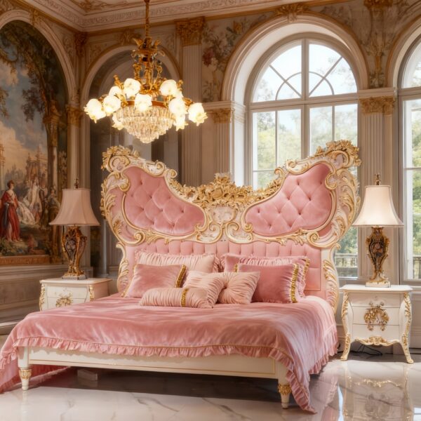 Exquisite Pink Butterfly Wing Bed – Hand-Carved Gilded Rococo Masterpiece