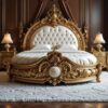 Royal Gilded Baroque Bed with Deep Tufted Headboard and Circular Footboard Contour – Hand Carved Custom Bedroom Furniture