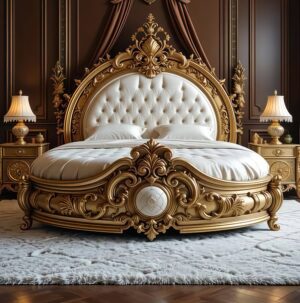Royal Gilded Baroque Bed with Deep Tufted Headboard and Circular Footboard Contour – Hand Carved Custom Bedroom Furniture