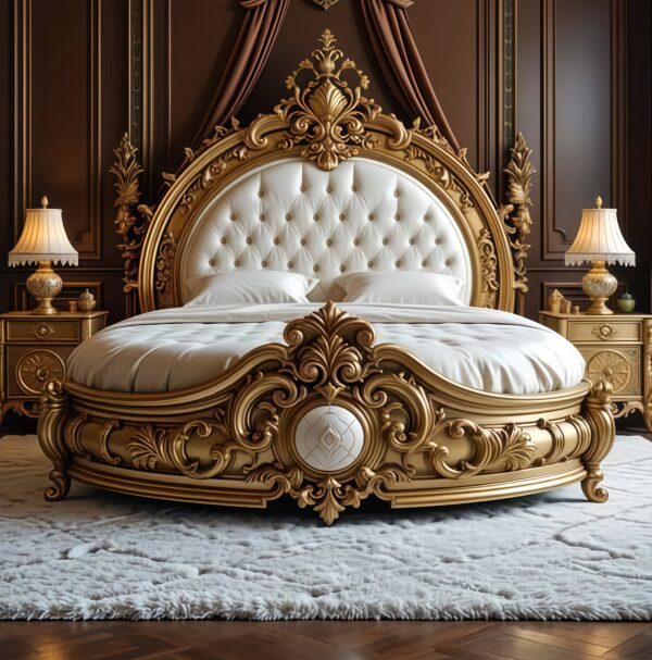 Royal Gilded Baroque Bed with Deep Tufted Headboard and Circular Footboard Contour – Hand Carved Custom Bedroom Furniture