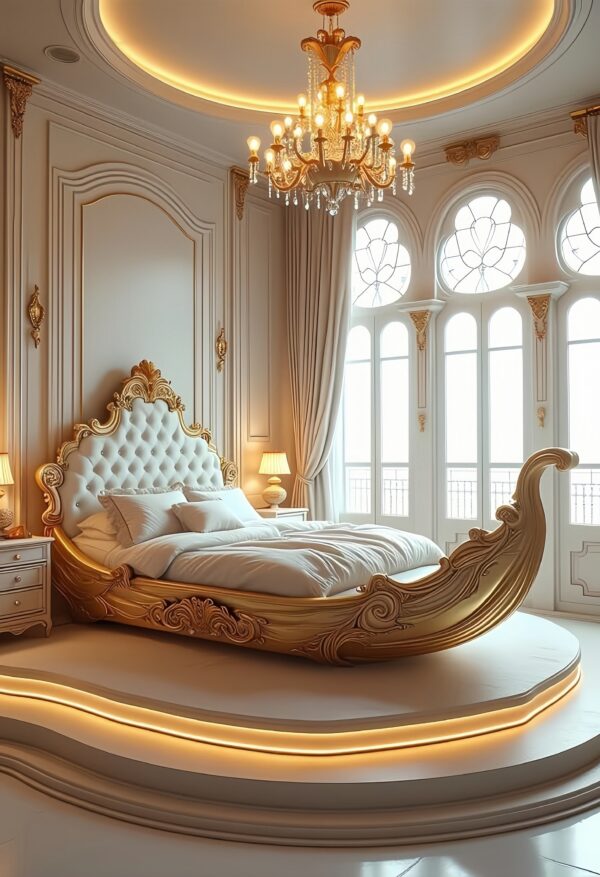 This Gondola Shaped Bed carved solid wood bed – Hand Carved Custom Bedroom Furniture