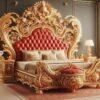 Luxury French Baroque Hand-Carved Solid Wood Bed with 24K Gold Leaf Finish