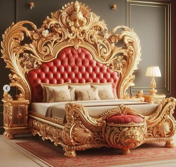 Luxury French Baroque Hand-Carved Solid Wood Bed with 24K Gold Leaf Finish