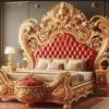 Luxury French Baroque Hand-Carved Solid Wood Bed with 24K Gold Leaf Finish