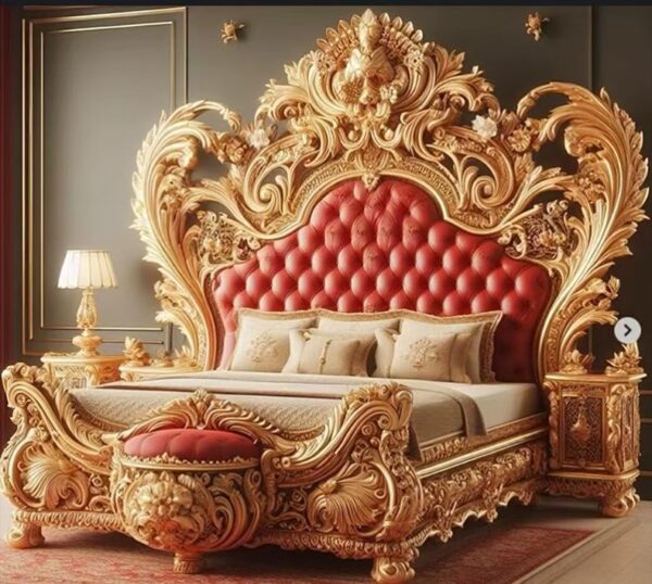 Luxury French Baroque Hand-Carved Solid Wood Bed with 24K Gold Leaf Finish