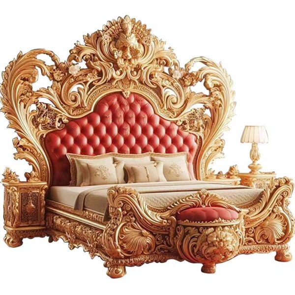 Luxury French Baroque Hand-Carved Solid Wood Bed with 24K Gold Leaf Finish