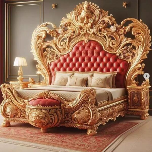 Luxury French Baroque Hand-Carved Solid Wood Bed with 24K Gold Leaf Finish