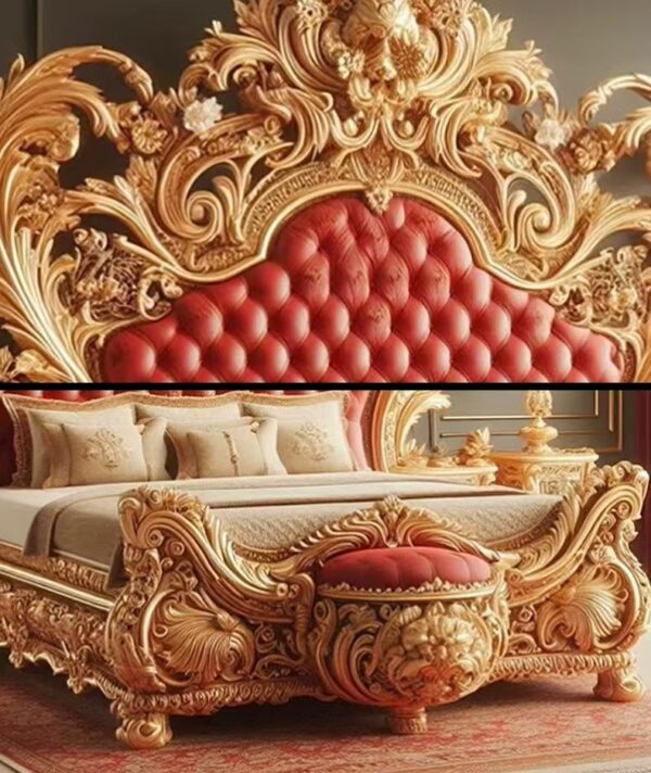 Luxury French Baroque Hand-Carved Solid Wood Bed with 24K Gold Leaf Finish