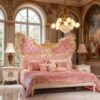 Exquisite Pink Butterfly Wing Bed – Hand-Carved Gilded Rococo Masterpiece