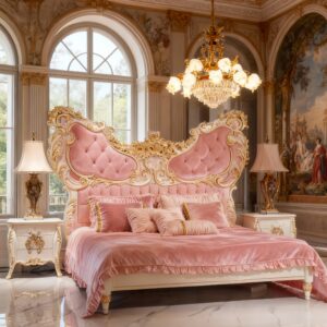 Exquisite Pink Butterfly Wing Bed – Hand-Carved Gilded Rococo Masterpiece