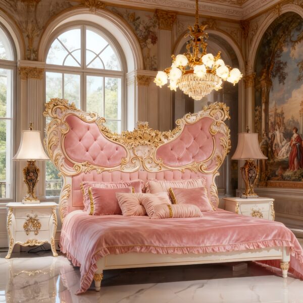 Exquisite Pink Butterfly Wing Bed – Hand-Carved Gilded Rococo Masterpiece
