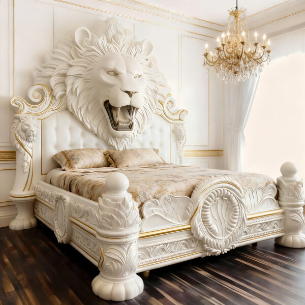 Majestic Lion Head Carved Bed - Hand-Crafted Gilded Luxury Masterpiece