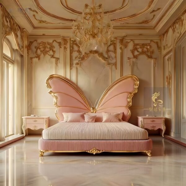 Royal Butterfly Wing Bed – Luxury Hand-Carved Gilded Masterpiece in Soft Pink
