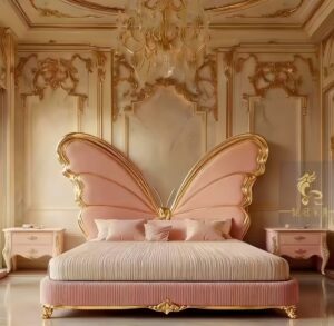 Royal Butterfly Wing Bed – Luxury Hand-Carved Gilded Masterpiece in Soft Pink