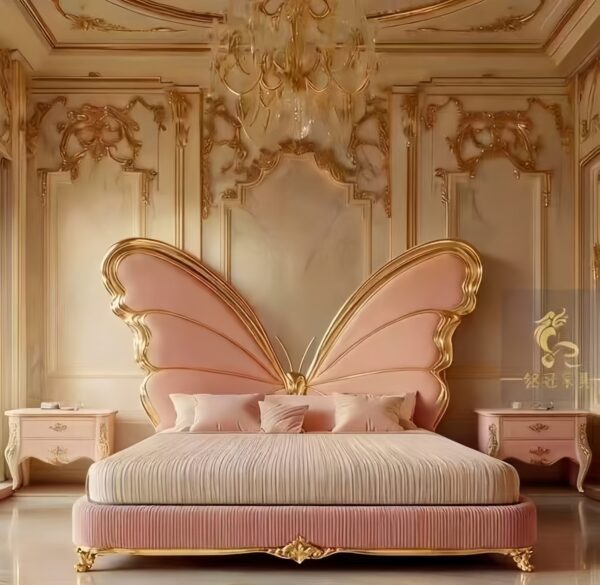 Royal Butterfly Wing Bed – Luxury Hand-Carved Gilded Masterpiece in Soft Pink